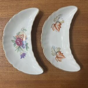 Vintage Bone Dish Crescent Moon Set 2 Chadwick Japan MCM Floral Rose Maple Gold